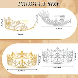 Sasylvia King and Queen Crown Set for Men Women, Metal Rhinestone Crowns for Prince Princess Prom Party, Silver Gold(16 Pcs)