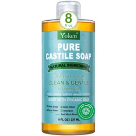 Yoken Pure Castile Liquid Soap Organic (EWG Verified, Unscented, 8 OZ), Made with Organic Oils, No Added Fragrance, Vegan, Castile Soap Liquid for Face, Laundry, Dishes, Sensitive Skin, Travel soaps