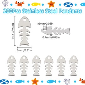 SUNNYCLUE 1 Box of 200 Herringbone Pendants, Silver Fish Pendants, 201 Small Herringbone Pendants Made of Stainless Steel, Sea Animal, Ocean Fish Pendant for Jewellery Making, Charm Pendants,