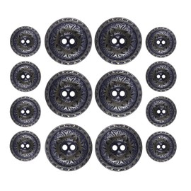 Bezelry Black Copper and Dark Blue Flower Engraving Metal Hole Blazer Button Set. 6 Pcs of 23mm, 8 Pcs of 15mm