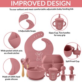 Asytta Silicone Baby Feeding Set- Baby Led Weaning with Food Grade Supplies for Toddlers-Suction Plate with Divider-Suction Bowl-Adjustable Silicone Bib Eating Utensils-Training Sippy Cup (Pink)