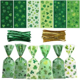 CCINEE St. Patrick's Day Cellophane Treat Bags, 180pcs Irish Lucky Shamrock Cello Candy Bags with Twsit Ties for for Saint Patrick Day Party Supply