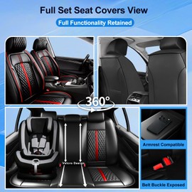 FiveFox Fit Rogue Car Seat Covers (Front Pair) for Select Nissan Rogue/Hybrid/Select/Sport 2015-2026 - Full Coverage Leather, Waterproof & All Weather Seat Cushion Protector, Black with Red Trim