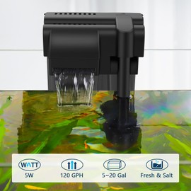 fishkeeper 5W 120GPH Ultra-Quiet Hang On Back Aquarium Filter, <28dB Whisper 4-Stage Biochemical Fish Tank Filter with Waterfall Oxygenation for 5-20Gal Fresh/Saltwater Tanks, w/Two Free Cartridges