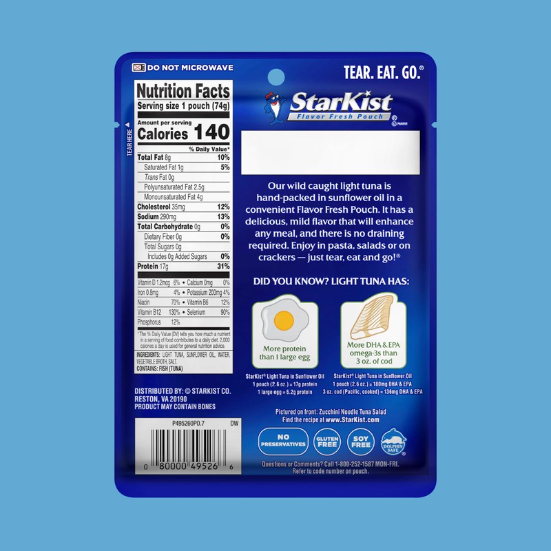StarKist Chunk Light Tuna in Sunflower Oil, 2.6 oz Pouch