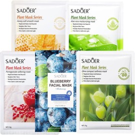 5-Piece Honey, Aloe, Blueberry, Olive & Pomegranate Face Mask Set - Hydrating Sheet Masks for Dehydrated, Dull & Tired Skin | Korean Skincare Essentials