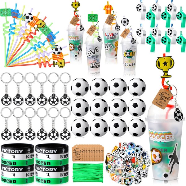 Weysat 184 Pcs Sports Party Favor Set, Sports Birthday Gift Cup Filler with Cup Straw Ball Keychain Sticker Bracelet Whistle for Baseball Basketball Football Soccer Softball Party (Soccer)