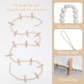 Hanging Photo Display with 15 Clips, 67 Inch Boho Wooden Bead Photo String