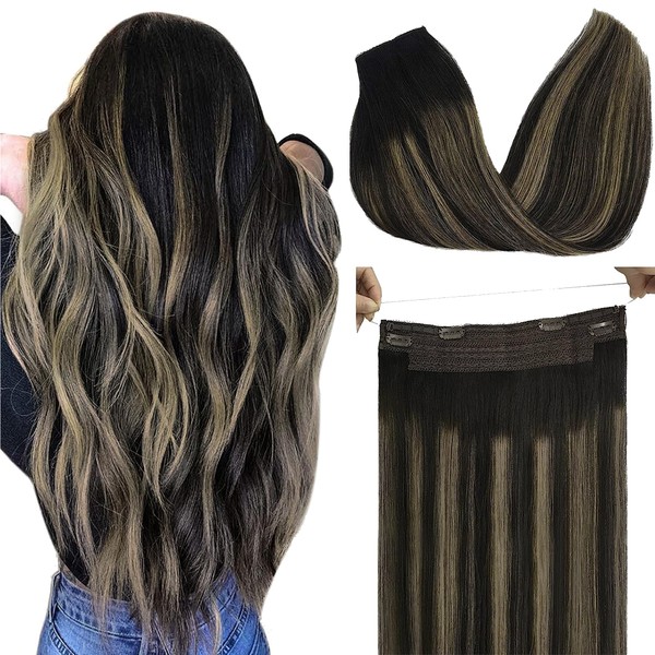 GOO GOO Wire Hair Extensions Real Human Hair, 16inch 95g Natural Black to Light Blonde, Invisible Wire Hair Extensions with Transparent, Seamless Fish Line Hairpiece, Straight Remy Hair Extensions
