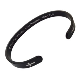 RENYILIN Black stainless steel religion quotes faith in Christian Bible verses inspiring cuff bracelets for men and women (With God All Things Are Possible. Mat 19:26)