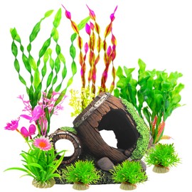 FUNOJOY Broken Barrel Fish Tank Decor - 8pcs Artificial Plants Aquarium Accessories Fish Tank Ornaments for Betta Fish Cave Hide Tank Decorations (A-2)