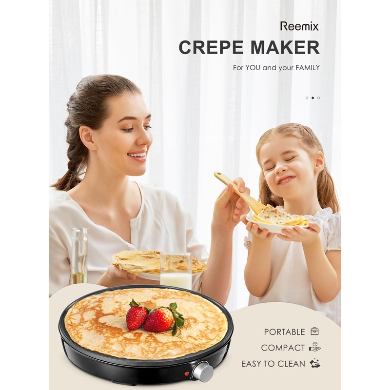 Crepe Maker Machine, Reemix Compact Pancake Griddle Precise Temperature Control,