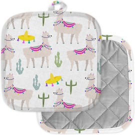 [Pack of 2] Pot Holders for Kitchen, Washable Heat Resistant Pot Holders, Hot Pads, Trivet for Cooking and Baking (Llamas Cactus)