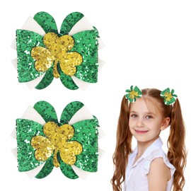 2 Pcs St. Patrick's Day Hair Bow Clips Sequins Shamrock Hair Clips Glitter Clover Alligator Clips Lucky Four-Leaf Bow Hair Pins Irish Cheer Barrettes Hair Accessories for Girls Women