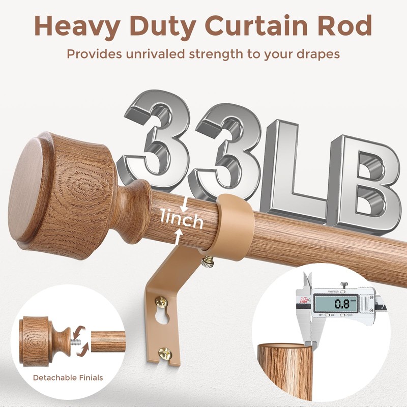 Wood Curtain Rods for Windows 48 to 84 Inch, Adjustable