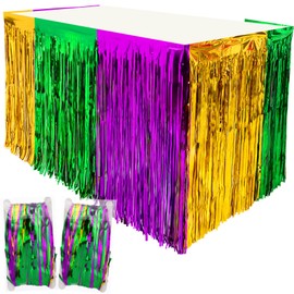 2Pack Mardi Gras Fringe Table Skirt, 2.5 x 9 ft Mardi Gras Decorations, Green Purple Gold Metallic Tinsel Foil Fringe Curtains for Mardi Gras Table Photo Background Party Supplies