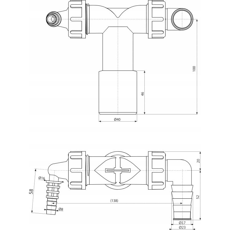 Alcaplast P156Z Double Port DN40/32 and 8-23 with Check Valves
