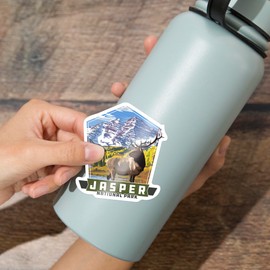 Die Cut Sticker Jasper National Park, Canada, Elk and Mountain, Contour Vinyl Sticker 3 to 6 inches, (Waterproof Decal for Cars, Water Bottles, Laptops, Coolers), Large