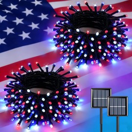 YEGUO Solar String Lights Outdoor Waterproof, 2 Packs Each 66ft 200LED Red White Blue Light, 8 Modes 4th of July Lights for Independence Memorial Day Decor