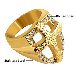 MayiaHey Crusader Cross Shield Ring, Sword Cross Shield Ring for Men, Punk Knight Shield Cross Ring Bling Cross Shield Jewelry, Vintage Armor Shield Ring Gold Cross Religious Amulet Ring for Boys (O)