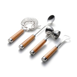 Outset Stainless Steel Bar Tool Kit, Set of 4: Strainer, Stirring Spoon, Jigger, and Bottle Opener