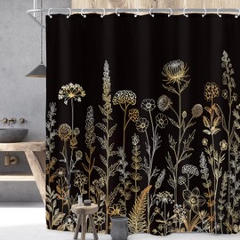 Riyidecor Extra Long Black Gold Floral Shower Curtain for Bathroom Decor 72Wx84H Wildflower Vintage Flower Botanical Rustic Dark Chic Art Printed Fabric Polyester Waterproof Women Girl Girly
