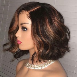 Oulaer Wig Highlight Ombre Colored 180 Density Short Bob Brazilian Body Wave Remy Hair 13x4 HD Transparent Lace Front Human Hair Wig Pre Plucked Bleached Knots 10Inch