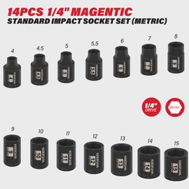 KBOISHA 1/4 Inch Drive Magnetic Impact Socket Set, 14-Piece Metric 4mm-15mm CR-MO Magnetic Socket with Heavy Duty Storage Case