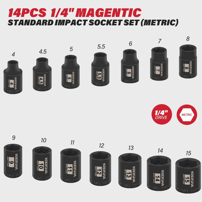 KBOISHA 1/4 Inch Drive Magnetic Impact Socket Set, 14-Piece Metric