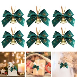 Christmas Bows Decorations for Tree, Green Ribbon Bows Xmas Tree Decorations with bell, 6PCS Vintage Snowflakes Bowknots Set Wrapping Wreath Craft Supplies Party Decor (Green)