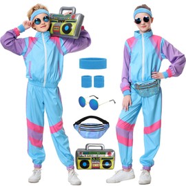 TIMSOPHIA 80s Tracksuit for Kids, 90s Outfits Boys Girls Hip Hop Dance Costume for Retro Theme Party, Colorblock Jacket, Light blue, 5-6 years