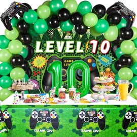 Vlipoeasn 90PCS 10th Birthday Video Game Party Decorations for Boys Set Green 10th Birthday Supplies -10th Video Game Backdrop, Balloons, Tablecloth, Gamer and 10 Foil Balloons for 10th Birthday Party