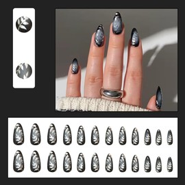 24 Pcs Black Press On Nails Short Almond - MINGCHUN Ombre Fake Nails Press ons Acrylic Nail Art Kit Branches Glitter Nail Tip Full Cover Press On False Nails Glue on Nails Stick on Nails for Women