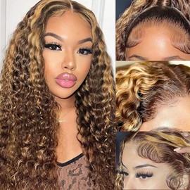Perselene Ombre Highlight Deep Wave Lace Front Wigs Human Hair P4/27 13x4 Honey Blonde Curly Frontal Wigs 180 Density Wet and Wavy Human Hair Wig Pre Plucked With Baby Hair 24 Inch