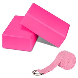 PUDSIRN Yoga Blocks Set, High Density EVA Foam Blocks, Non-Slip with Yoga Strap, Metal D-Ring to Improve Balance and Flexibility for Yoga, Pilates, Meditation (Pink)