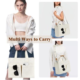 MIAOJIE Tote Bag for Women, Canvas Tote Bag with Velcro Closure, Laptop Work Messenger Crossbody Bags Everyday Tote Bags Handbags Purse for Travel Nurse Teacher College - Beige