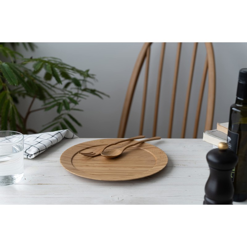 RIVERET RV-406BSF Dinner Plate, Large Cutlery Set, Bamboo Dishwasher-Safe, Brown