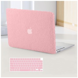 BYCeKe Compatible with MacBook Pro 16 inch Case 2024-2021 M4 M3 M2 M1 A3403 A3186 A2991 A2780 A2485, Soft Fluffy Fuzzy Plush Faux Fur Cream Leather Hard Shell Case&Keyboard Cover for Mac Pro 16",Pink