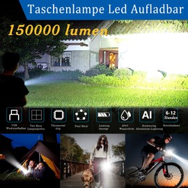 SIDUISDH Taschenlampe LED Aufladbar 150000 Lumen, LEDTaschenlampe Extrem Hell XHP160, USB -CTaktische Taschenlampe Batteriebetrieben Mit Holster, Wasserdicht Flashlight Torch für Outdoor Camping
