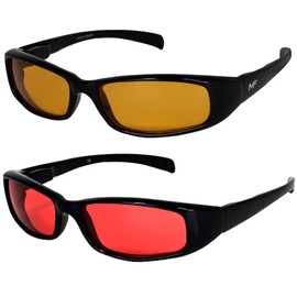 2 Pairs of MF Eyewear Bad Attitude Cool Wraparound Motorcycle Sunglasses Black Frames with Orange & Red Lenses