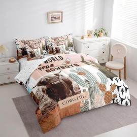 Manfei 7 Pieces Full Size Western Cowboys Kids Comforter Set,Highland Cattle Cactus Bull Skull Bedding Set,Geometric Patchwork Rustic（Comforter+Fitted+Flat Sheet+2 Pillowcases+2 Throw Pillow Covers）
