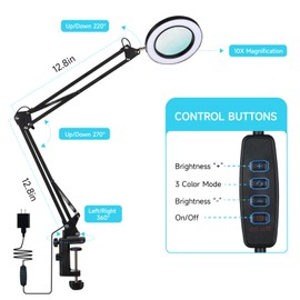 LED Magnifier Desk Lamp with Stand, 3 Color Modes & Stepless Dimming 5-Diopter Glass Lens, Adjustable Swivel Arm - Magnifying lamp for Close Work, Repair, Crafts, Reading - Long