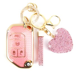 Simocky Compatible with Jeep Key Fob Cover with Keychain, Soft TPU Car Key Shell Case for Women, Compatible with Jeep Wrangler JLU JL Gladiator Rubicon JT Flip Full Cover Protector (4 Buttons-Pink)