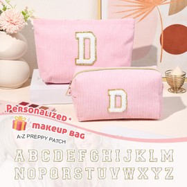 Pack of 2 Initial Makeup Bag, Corduroy Cosmetic Bag, Travel Toiletry Bag, Travel Utensils, Makeup Bag, Women, Christmas, Birthday Gift for Women, Girls, Sister, Pink Cosmetic Bag, d