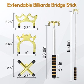 Naissgo Telescopic Snooker Cue Stick Bridge, Extension Billiard Cue Bridge with 3 Removable Brass Bridge Heads, Retractable Pool Rest Stick with 23.8-65.6’’, Pool Accessories for Game, Competition