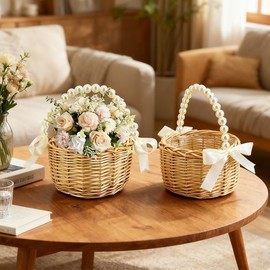 Wicker Rattan Flower Girl Basket with Bows,Pearl Handle Flower Basket,Wedding Flower Girl Basket and Home Decorations.