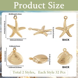 SUNNYCLUE 1 Box 64Pcs 2 Styles Starfish and Shell Charms Stainless Steel Beach Charms Bulk Boho Summer Metal Gold Sea Ocean Pendants for Jewellery Making Supplies DIY Craft Necklace Bracelet Earring