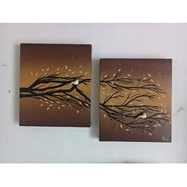Cuadro Decorativo Moderno Pintura en lienzo canva Árbol con pajaro en rama naranja 2 piezas (diptico) Pintado a Mano obras de arte de animales de la n