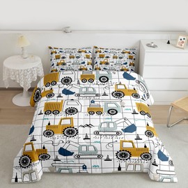 Construction Comforter Set Full Size Kids Excavator Tractor Toddler Comforter Cartoon Car Equipment Trucks Plaid Grid Comforter Set Construction Vehicles White Yellow Duvet Set