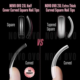 NOVO OVO Half Cover XXL Curved Nail Tips, Square Shallow Paste Soft Gel x Long L XL XXXL Hawk Curve Claw 90s' Y2K Fake Nails Extension kit, Clear Soft French False Nail for Acrylic 12 Sizes 240pc
